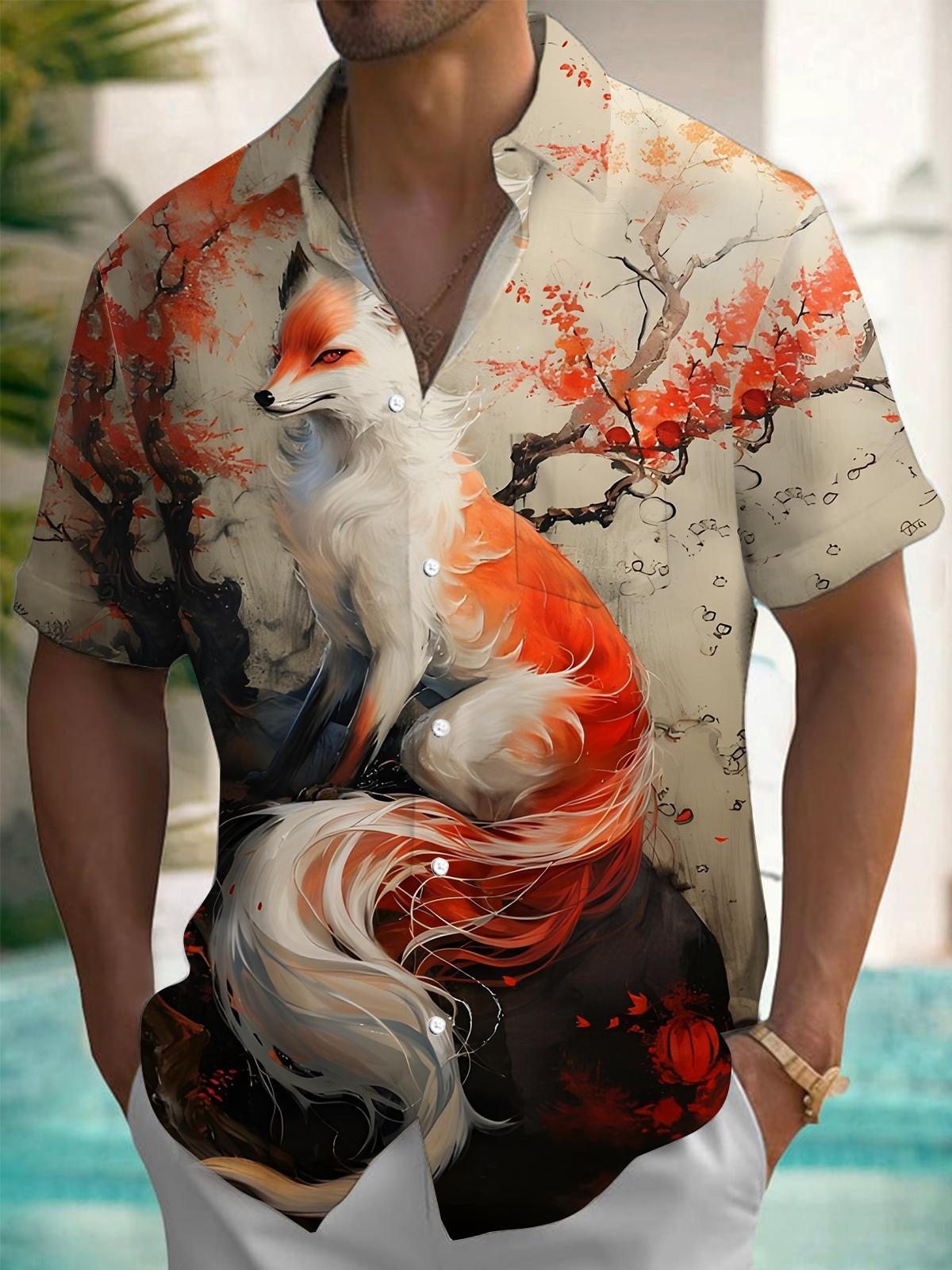 Fox Floral Print Men's Pocket Short Sleeve Shirts