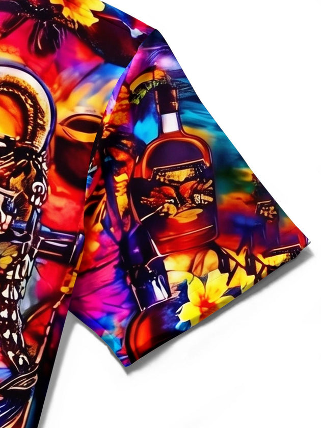 Colorful Pirate Skull Rum Wine Men's Pocket Short Sleeve Shirts