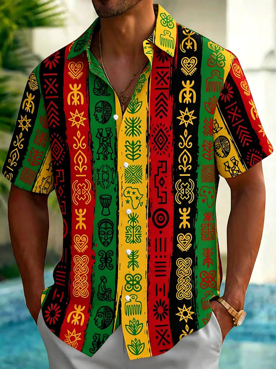 Vintage Ethnic Print Men's Pocket Short Sleeve Shirts