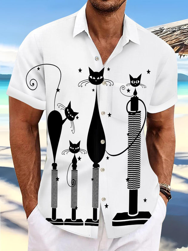Retro Cartoon Black Cat Men's Pocket Short Sleeve Shirts