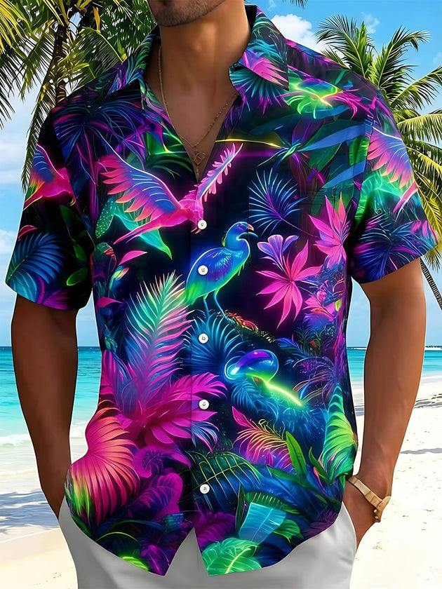 Colorful Fluorescent Hawaiian Neon Jungle Birds Men's Pocket Short Sleeve Shirts