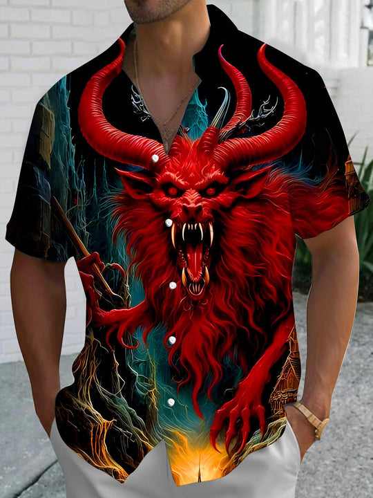 Men's funny dark red monster print short sleeve shirt front view Halloween costume