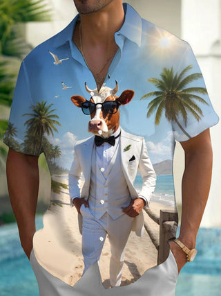 Men's Hawaiian cow print short sleeve shirt front view for beach vacation