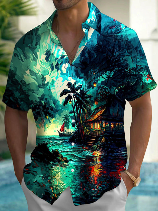 Men's Hawaiian pocket short sleeve shirt front view tropical beach vacation