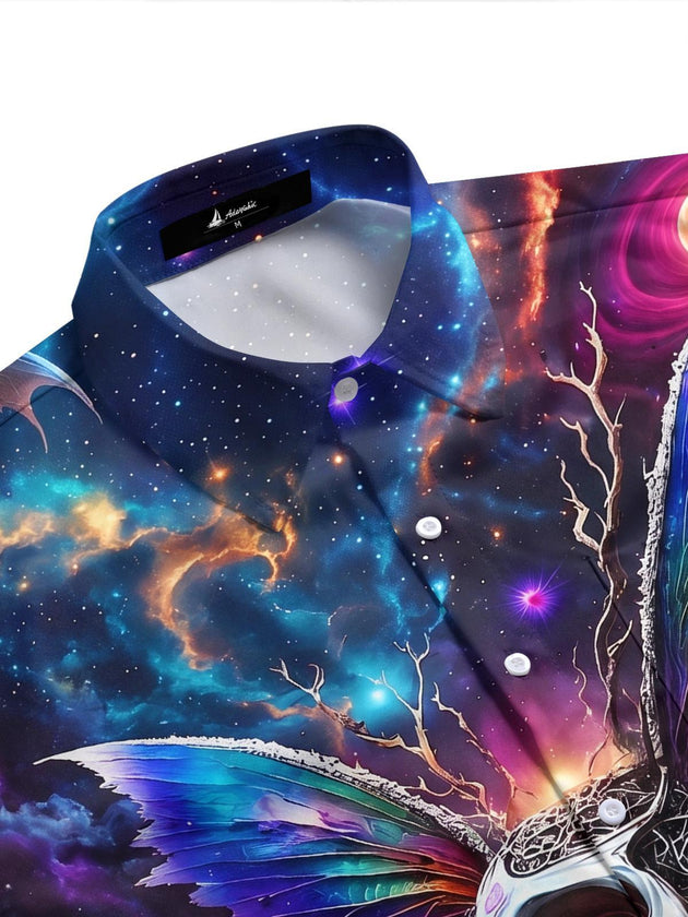 Dark Cosmic Skull Butterfly Wings Fantasy Men's Pocket Short Sleeve Shirts