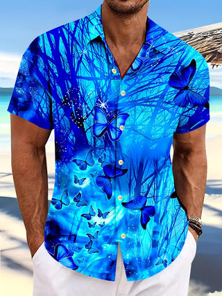 Men's Hawaiian butterfly short sleeve shirt front view tropical beach vacation