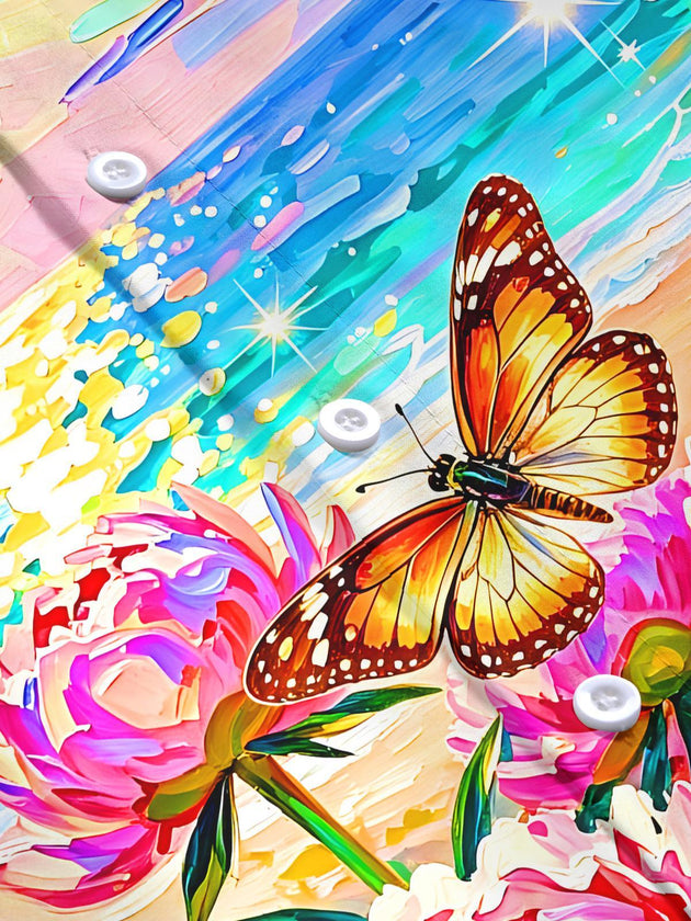Art Seaside Sunset Peony And Butterfly Women's Short Sleeve Shirts