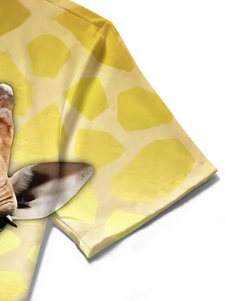 Men's giraffe print pocket short sleeve shirt fabric close-up