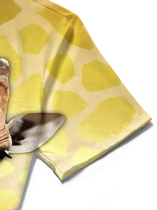 Men's giraffe print pocket short sleeve shirt fabric close-up
