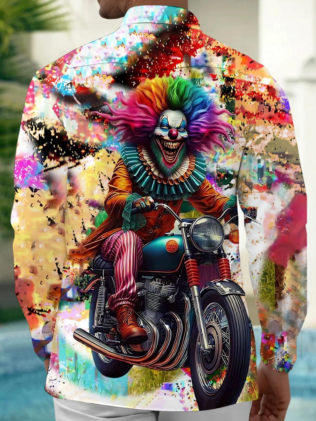 Clown Motorcycle Print Men's Pocket Long Sleeve Shirts