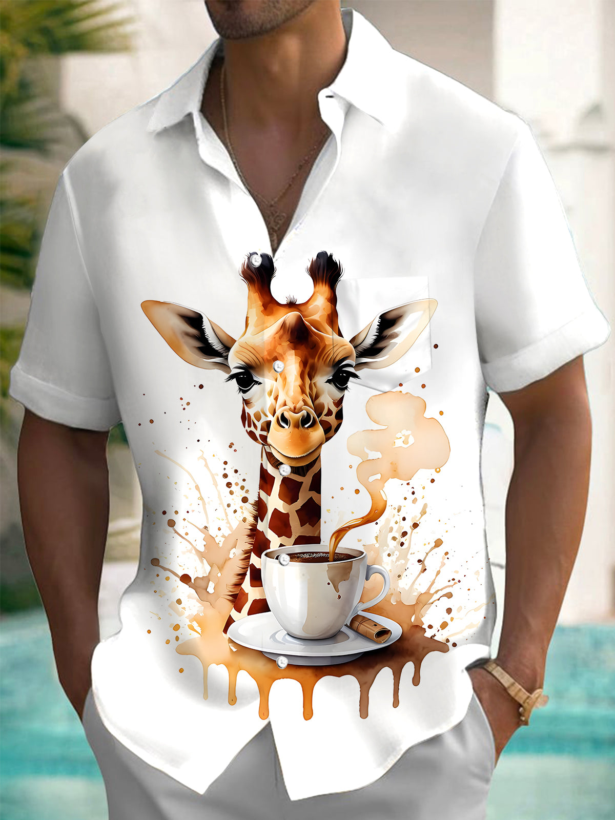 Giraffe Print Men's Pocket Short Sleeve Shirts