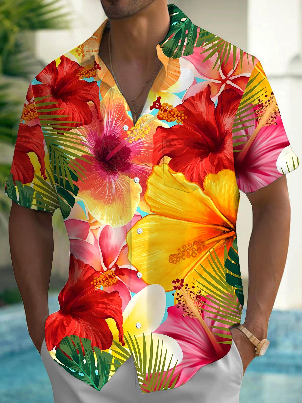 Hawaiian Floral Men's Pocket Short Sleeve Shirts