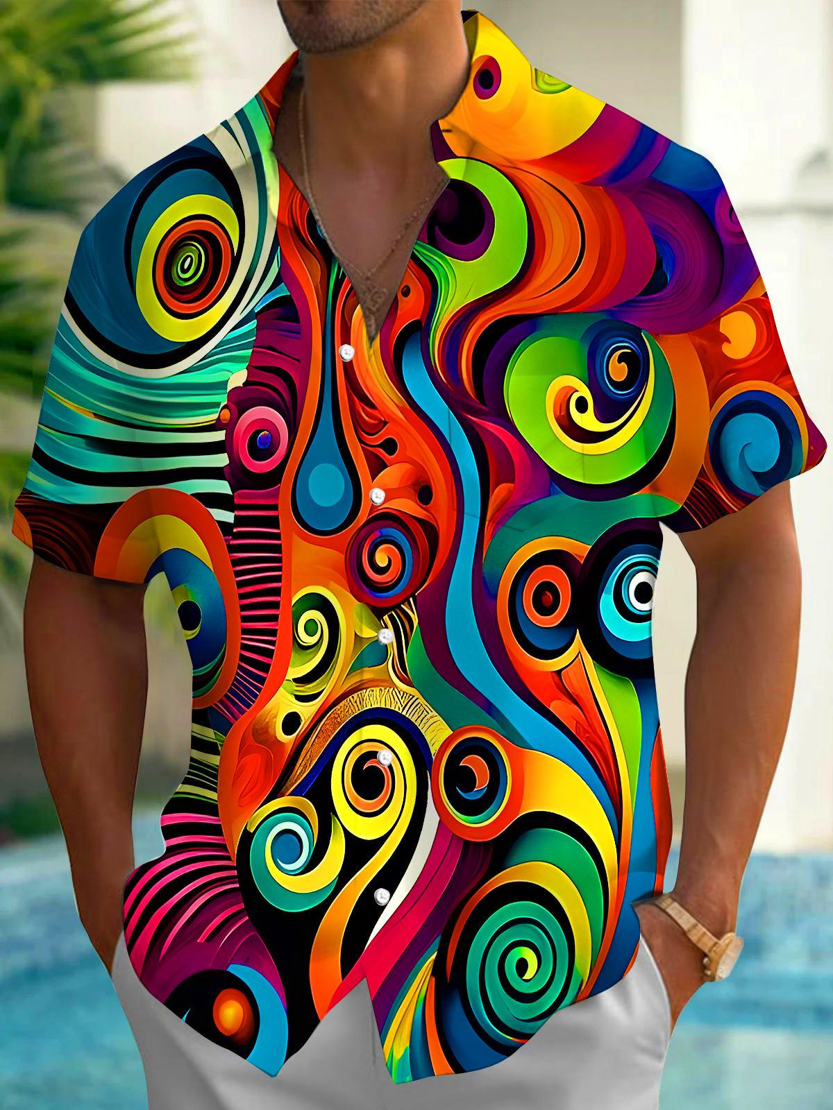 Colorful Swirl Abstract Geometry Men's Pocket Short Sleeve Shirts