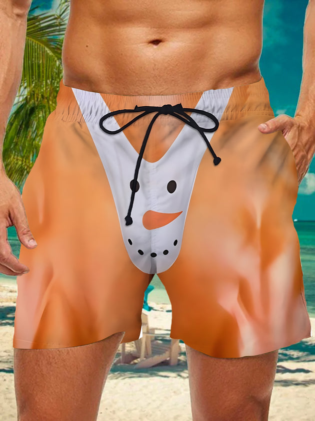 Men's funny snowman print casual shorts front view