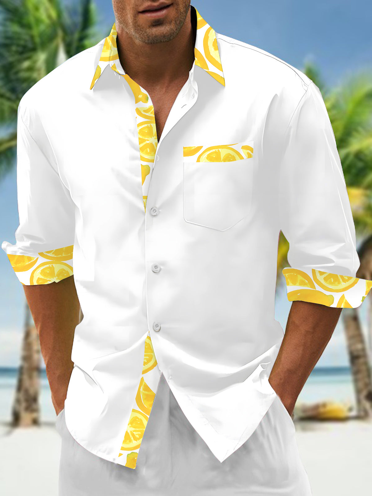 Lemon Print Men's Pocket Long Sleeve Shirts