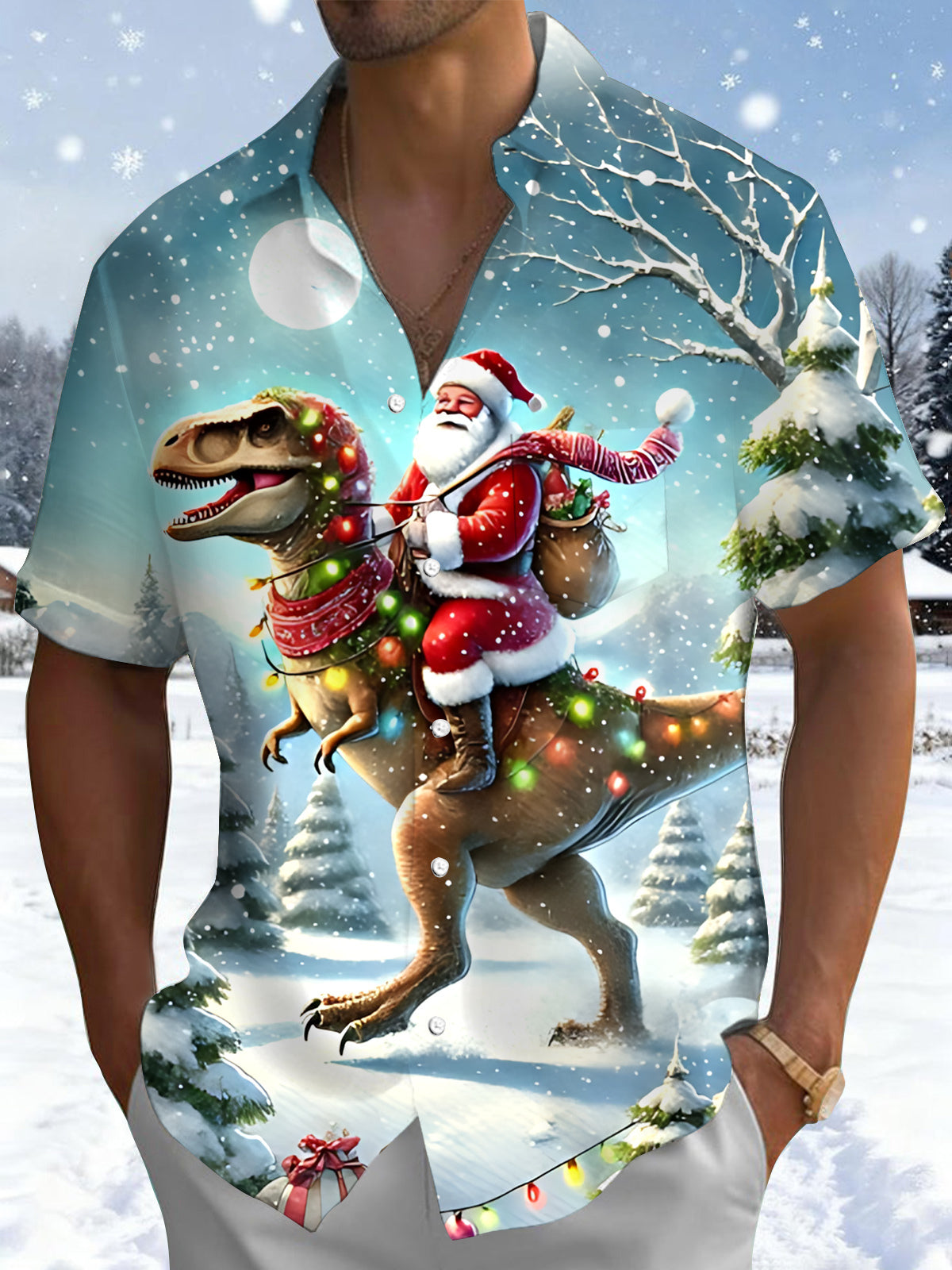 Santa Claus Dinosaur Print Men's Pocket Short Sleeve Shirts