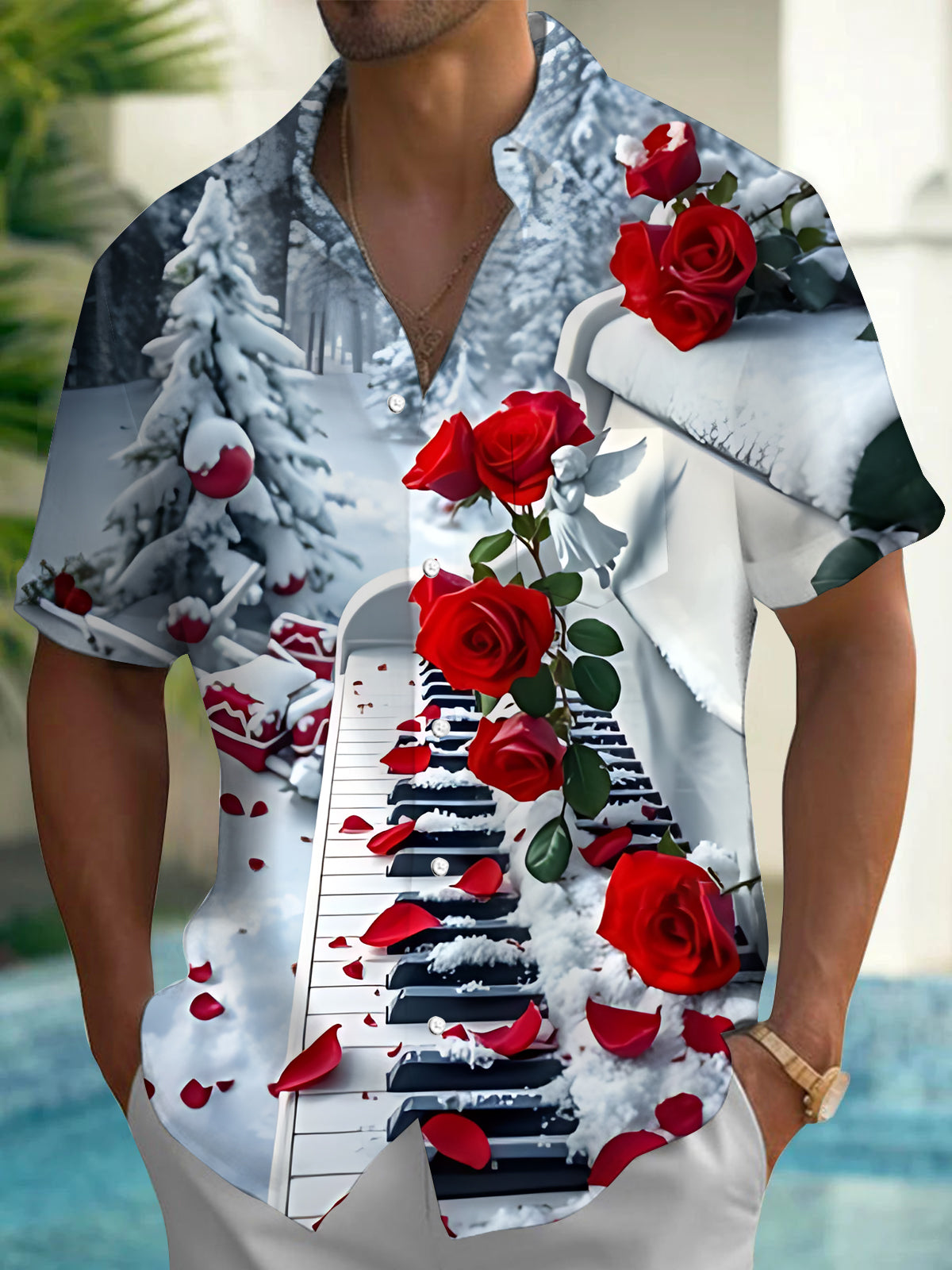 Rose Piano Snow Print Men's Pocket Short Sleeve Shirts