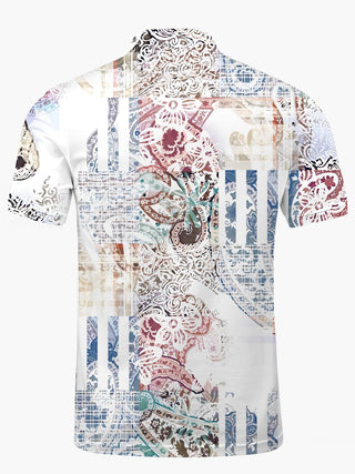 Men's ethnic print short sleeve polo shirt back view