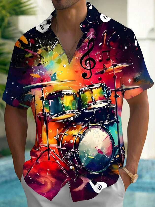 Men's Tie Dye Music Print Pocket Short Sleeve Shirt Back View