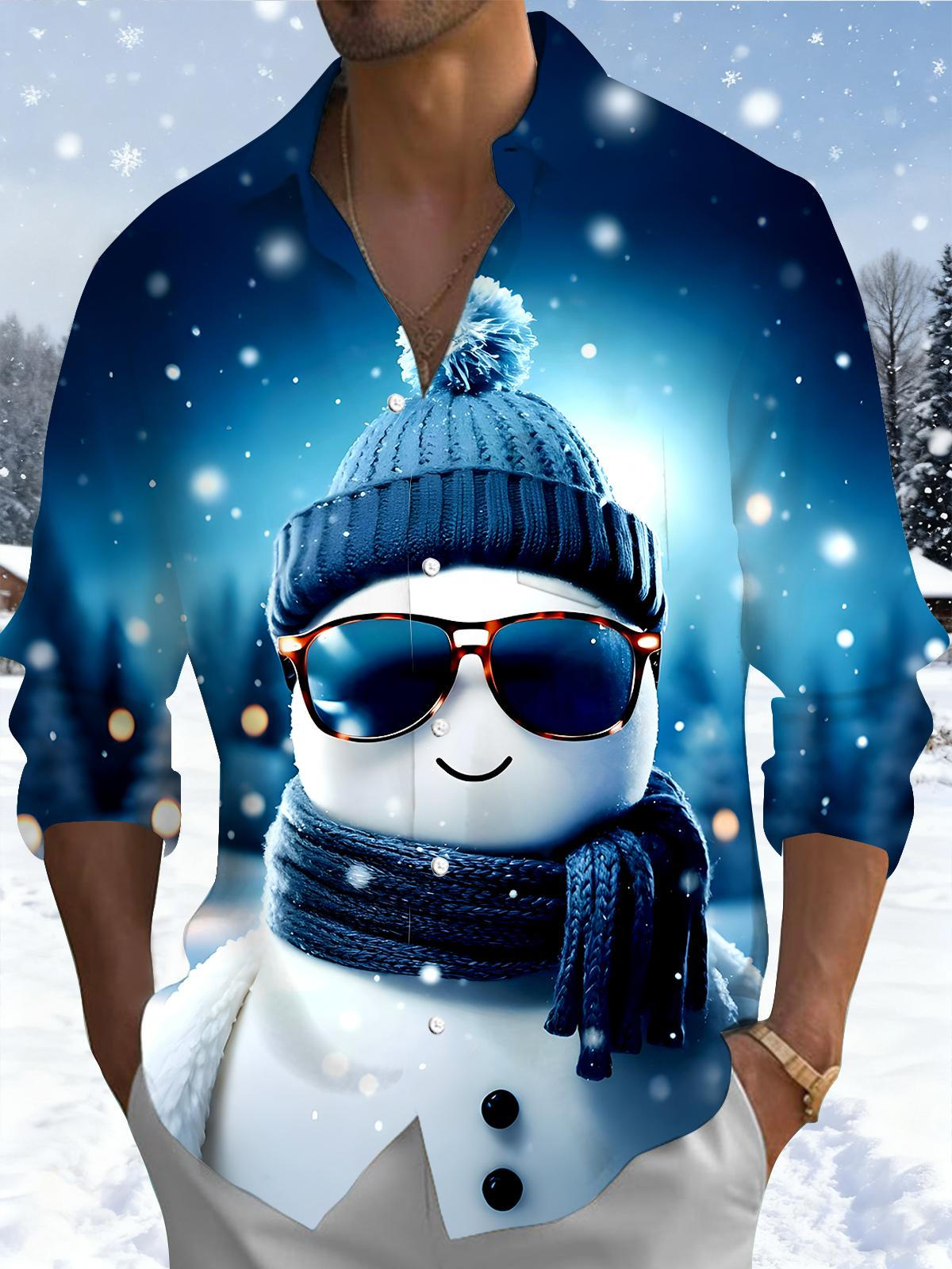 Sunglasses Snowman Men's Pocket Long Sleeve Shirts