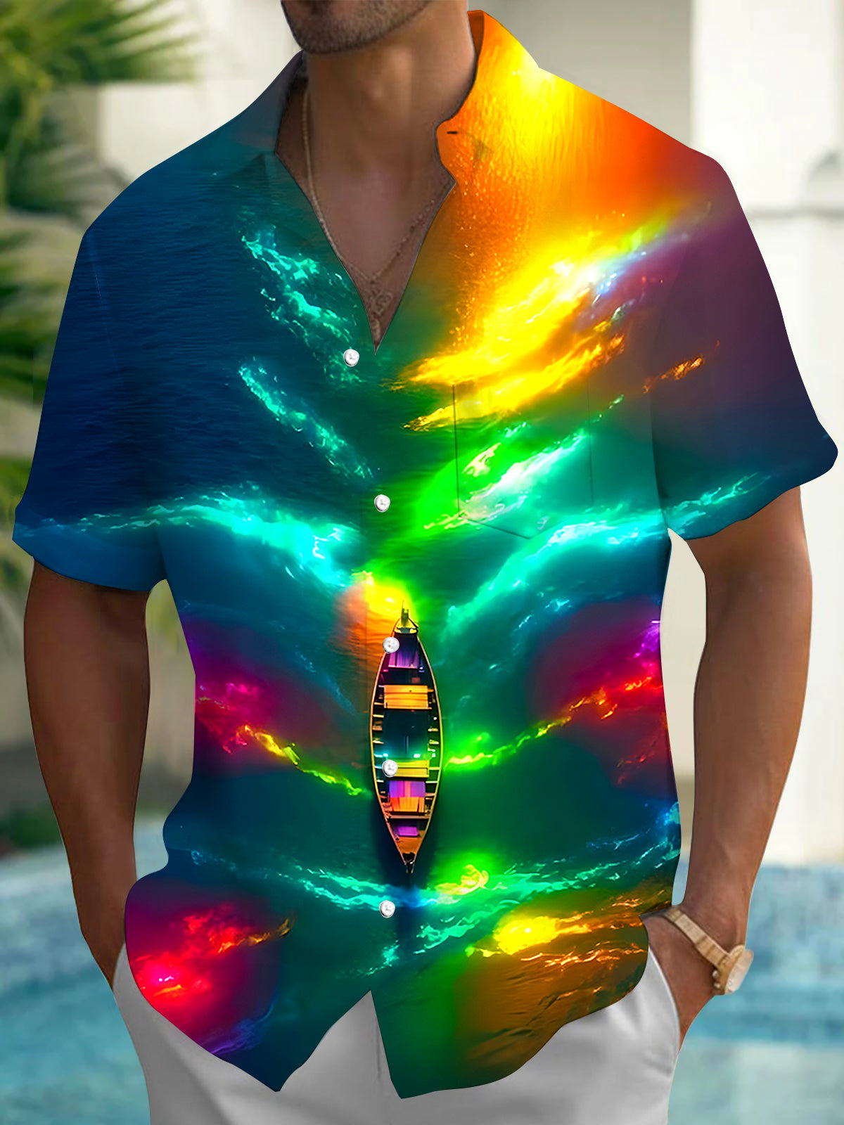 Hawaiian Tie Dye Boat Men's Pocket Short Sleeve Shirts