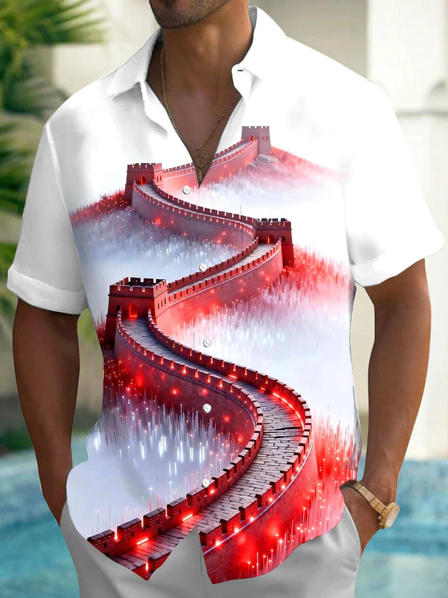 Men's Great Wall print short sleeve shirt front view