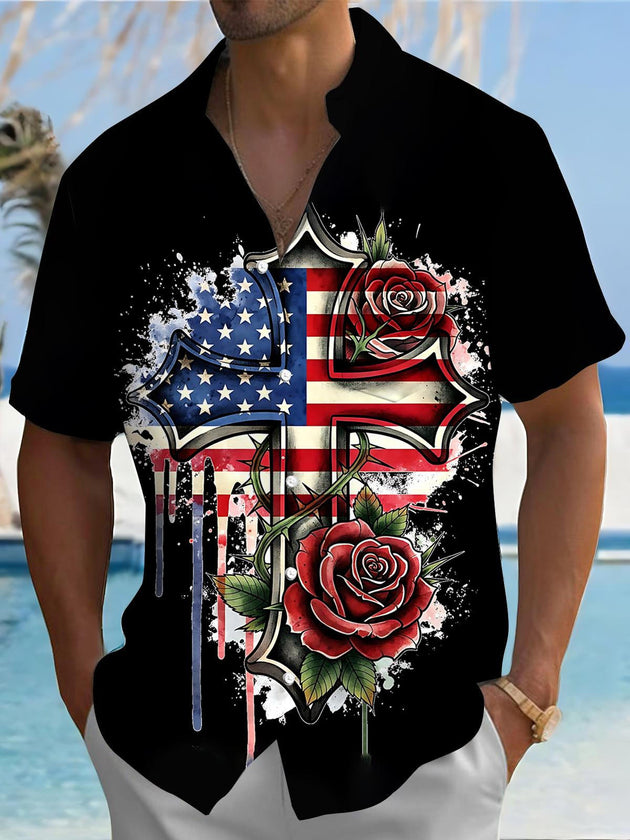 Men's American flag cross rose flower print short sleeve shirt front view Independence Day