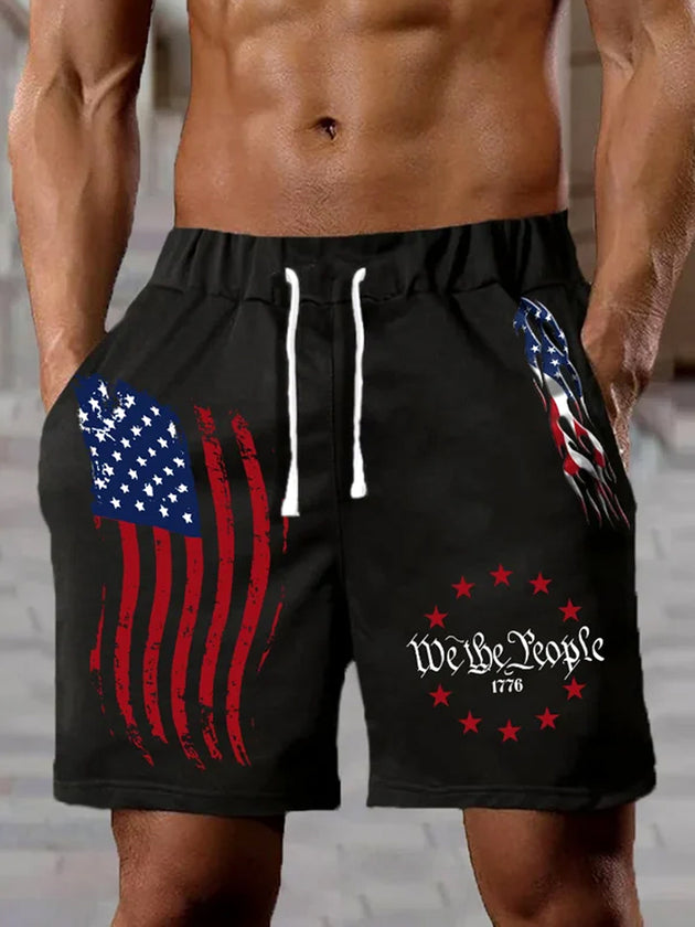 Men's American flag print casual shorts front view for Independence Day