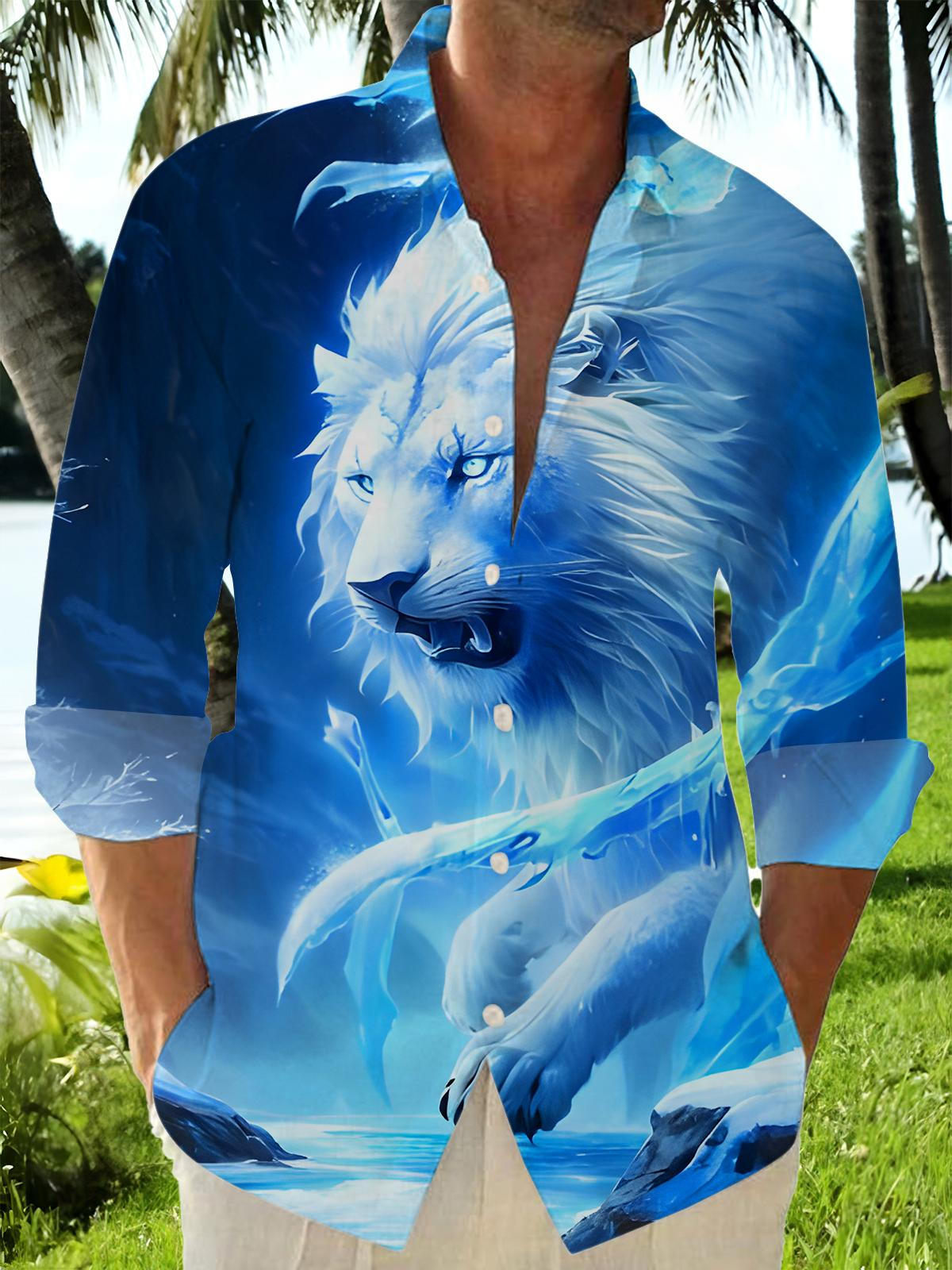 Winter Snow Lion Men's Pocket Long Sleeve Shirts