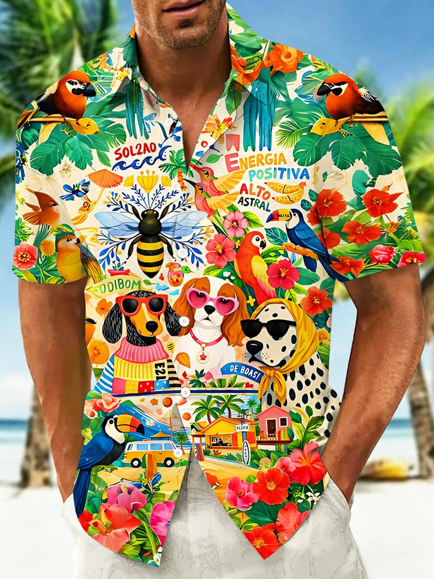 Hawaiian Fun Animal Dog Parrot Bee Flower Leaf Men's Pocket Short Sleeve Shirts