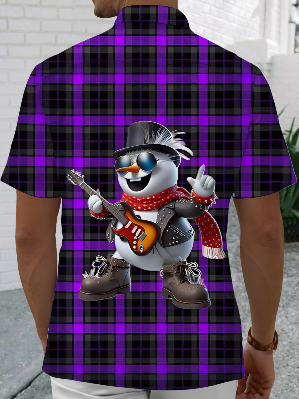 Rock Snowman Guitar Print Men's Pocket Short Sleeve Shirts
