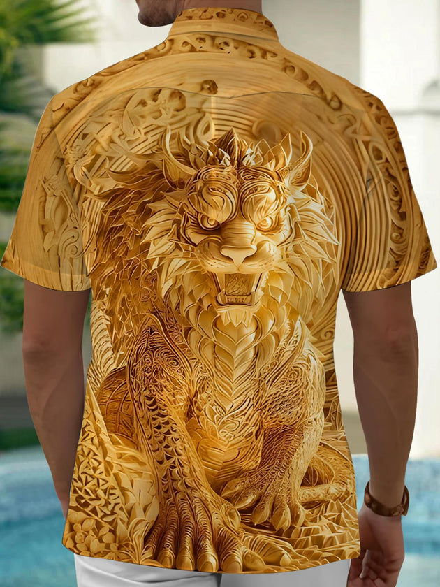 Men's golden dragon tiger relief print short sleeve shirt back view