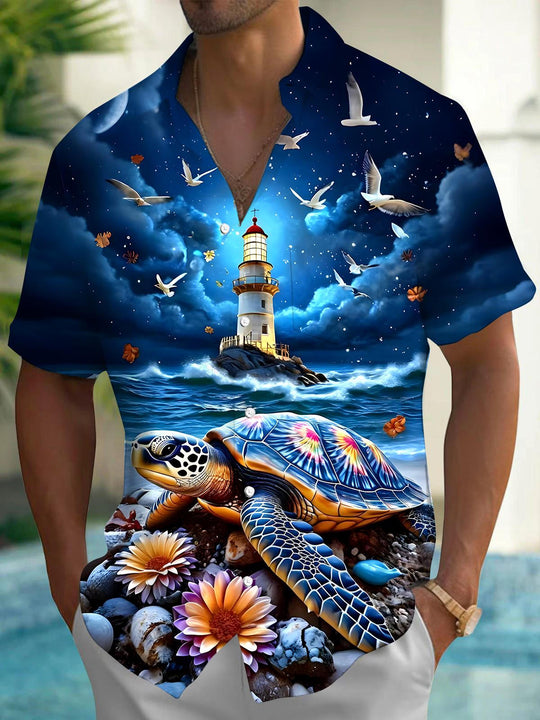 Men's Hawaiian lighthouse turtle pocket short sleeve shirt front view for beach vacation