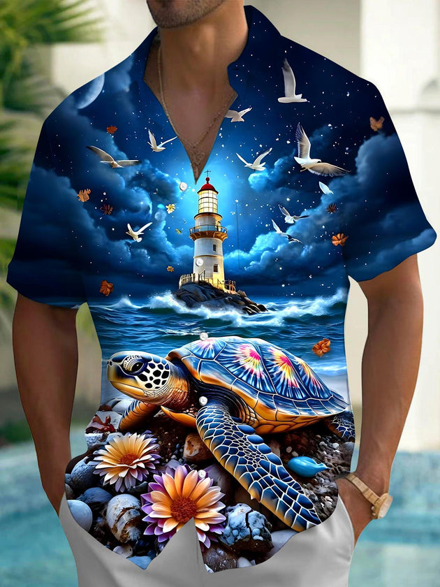 Men's Hawaiian lighthouse turtle pocket short sleeve shirt front view for beach vacation