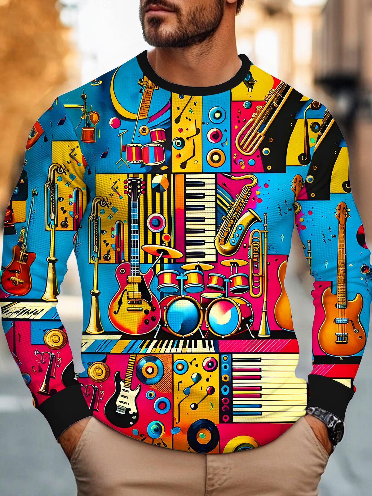 Art Music Instruments Men's Long Sleeve Round Neck Tops