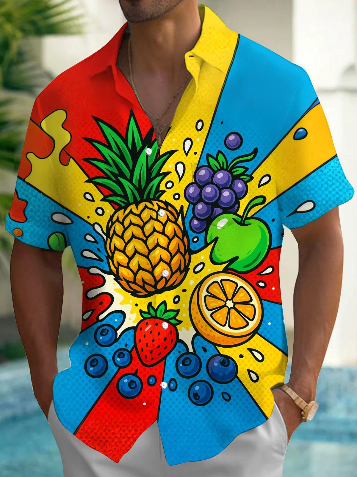Fruit Print Men's Pocket Short Sleeve Shirts