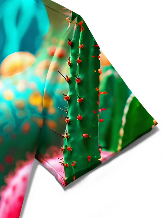 men's cactus print shirt close-up short sleeve