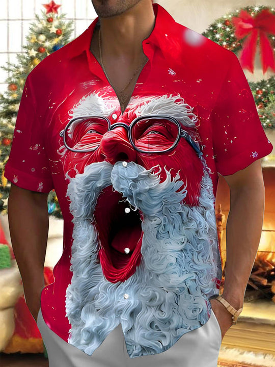 Men's funny yawning Santa Claus pattern short sleeve shirt front view