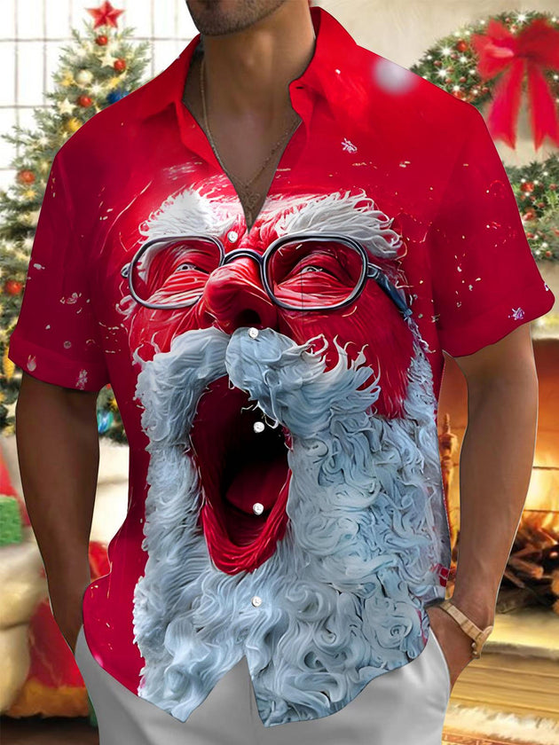 Men's funny yawning Santa Claus pattern short sleeve shirt front view