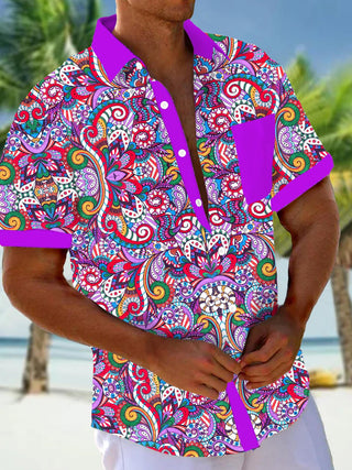 Men's floral short sleeve Hawaiian shirt front view for tropical beach vacation