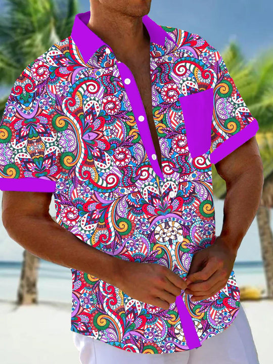 Men's floral short sleeve Hawaiian shirt front view for tropical beach vacation