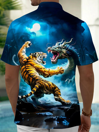 Men's black dragon print short sleeve shirt back view