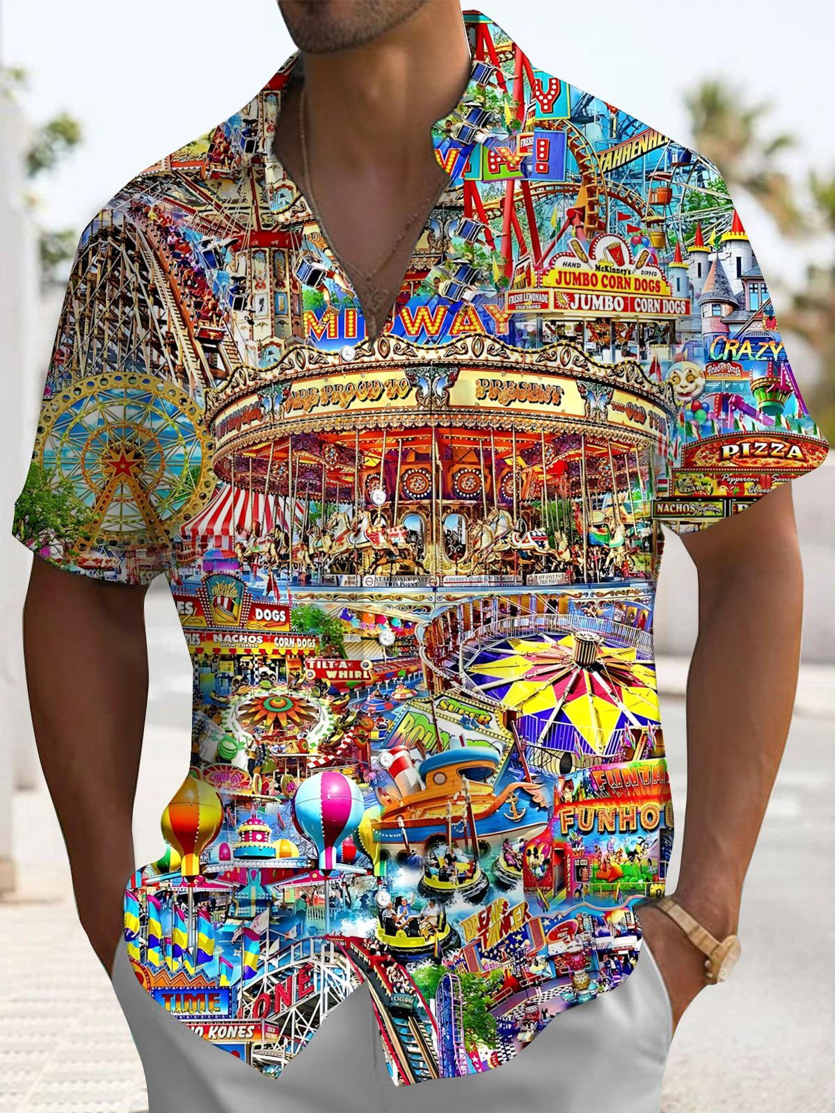 Amusement Park Print Men's Pocket Short Sleeve Shirts