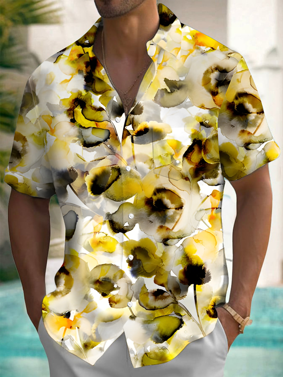 Yellow Ink Floral Print Men's Pocket Short Sleeve Shirts