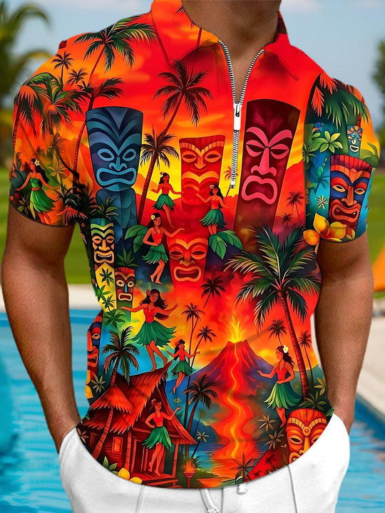 Hawaiian Coconut Trees Volcano Tiki Men's Short Sleeve Zipper Polo