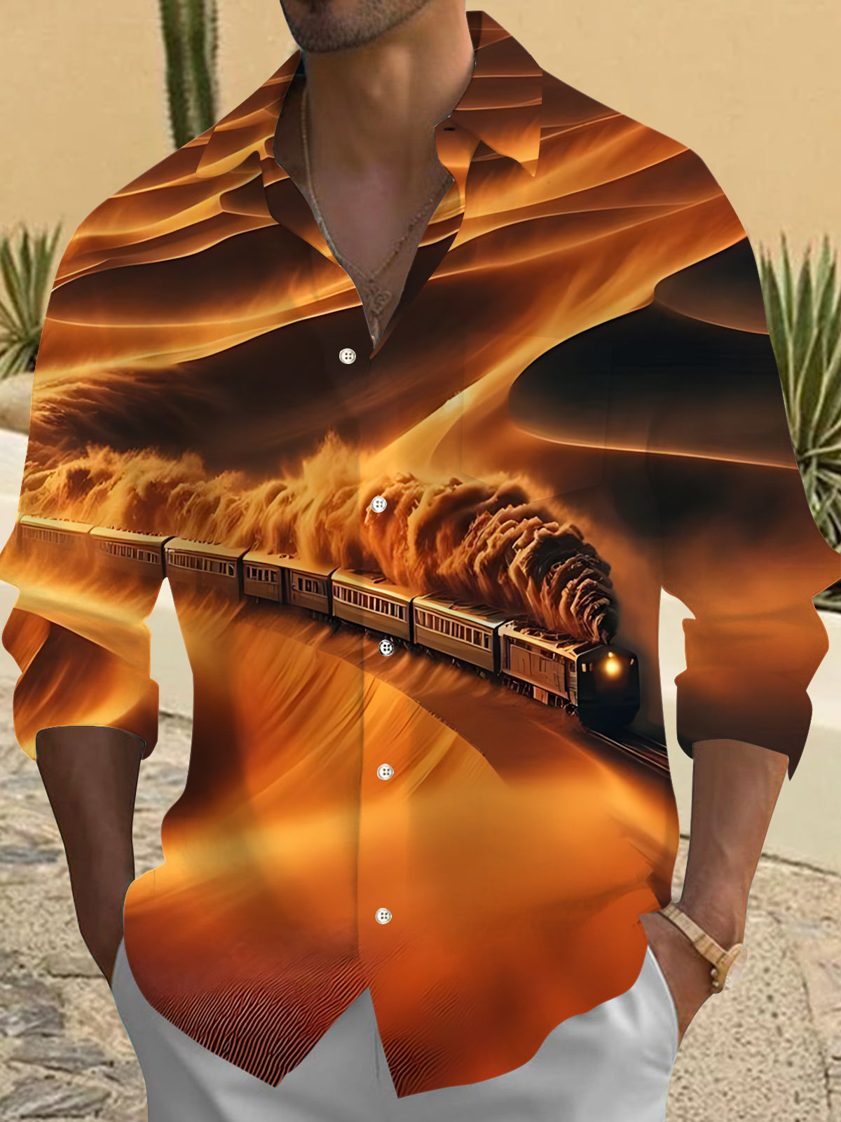 Desert Train Print Men's Pocket Long Sleeve Shirts