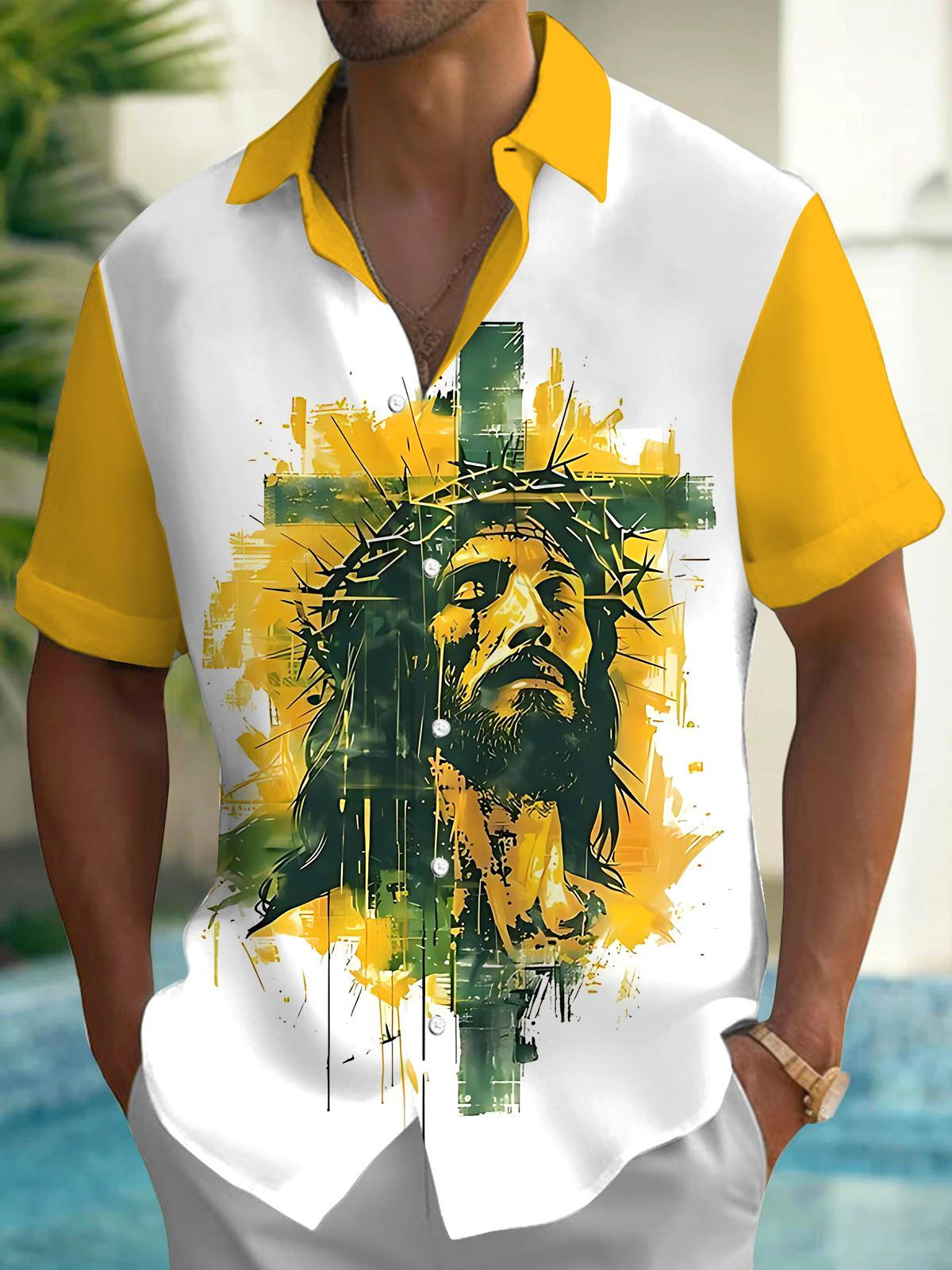 Christian Jesus Print Men's Pocket Short Sleeve Shirts