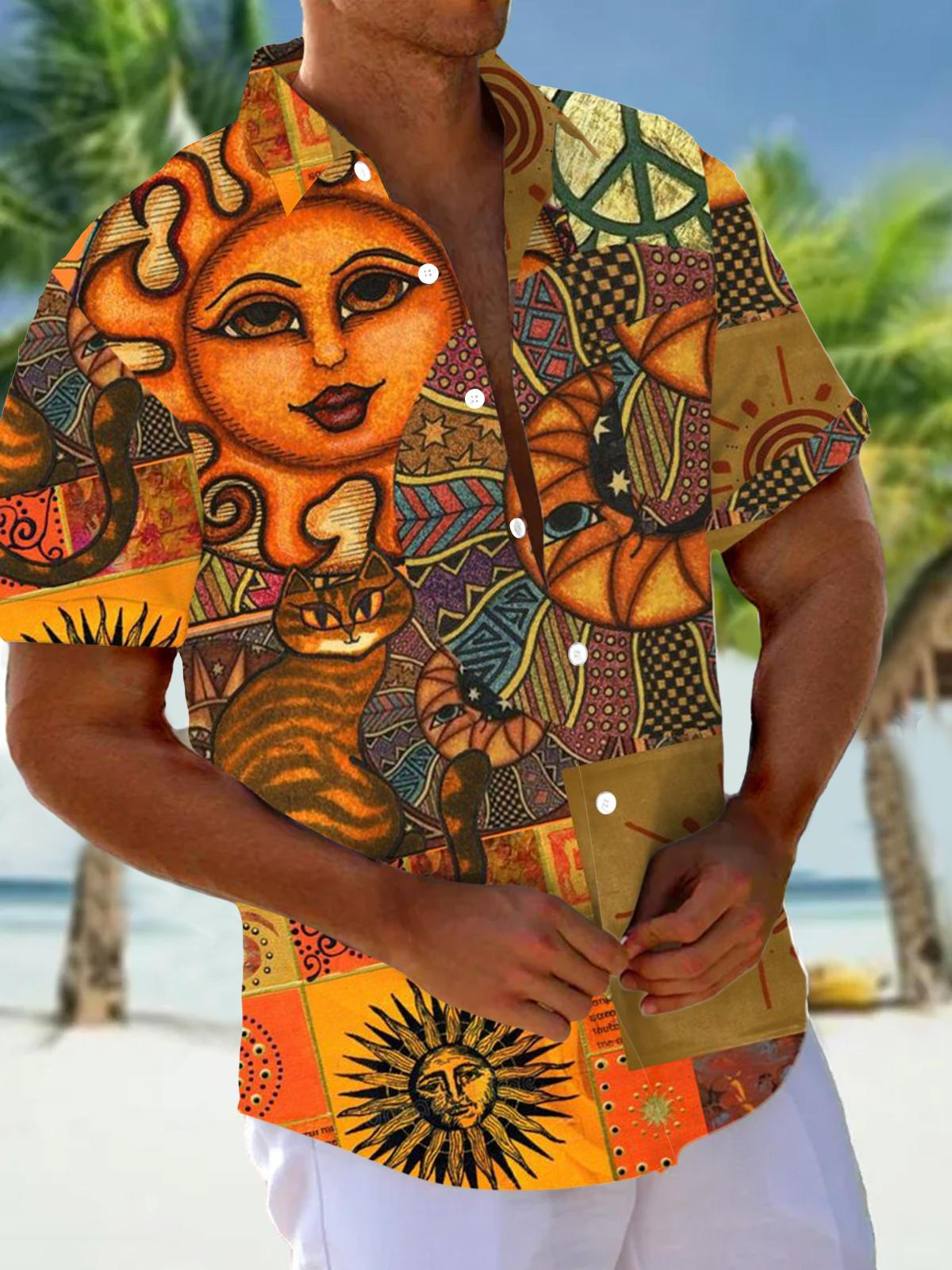 Retro Sun Moon Print Short Sleeve Men's Shirts With Pocket