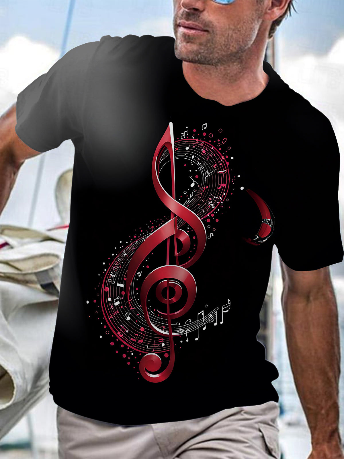 Musical Notes Round Neck Short Sleeve Men's T-shirt