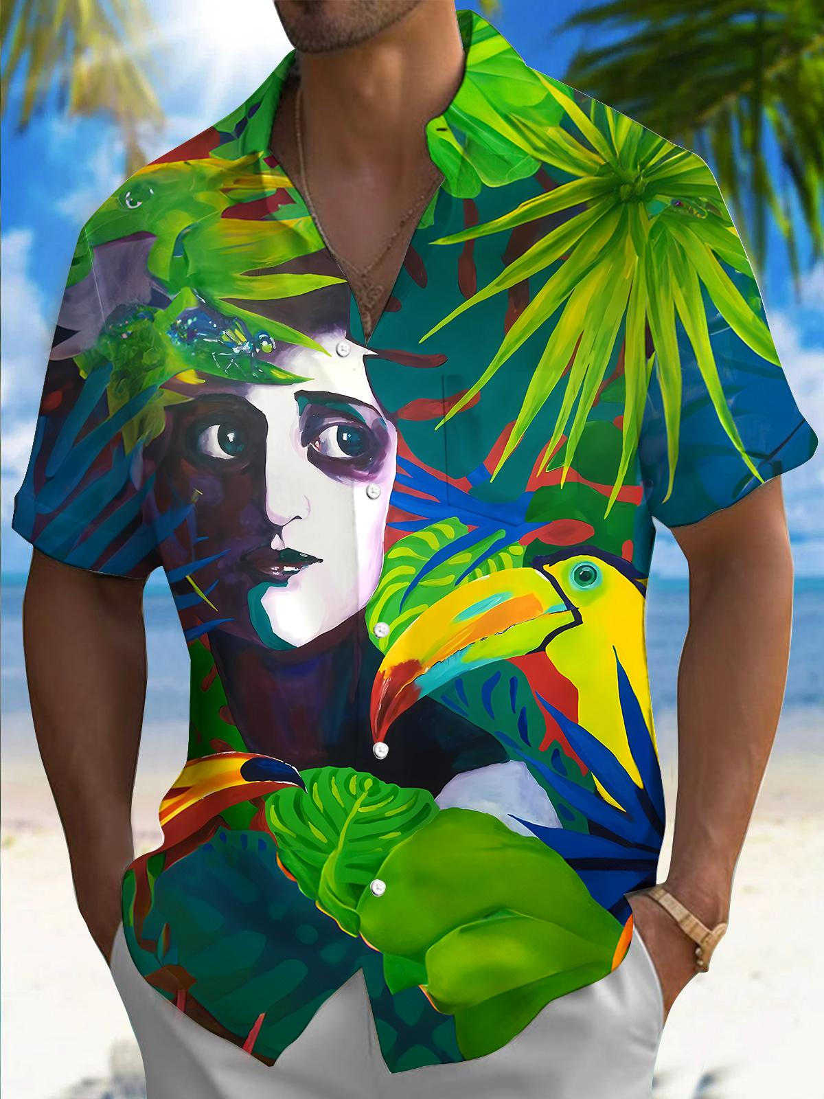 Hawaiian Plant Face Art Print Men's Pocket Short Sleeve Shirts